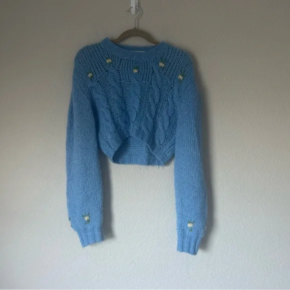 Alessandra Rich Luisaviaroma Exclusive Cropped Wool Knit Sweater in Light Blue